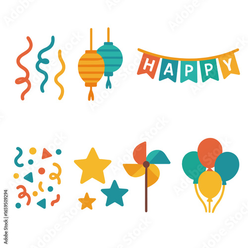 Colorful Birthday Decorations. Flat vector mini-illustrations birthday decoration items in colors children's