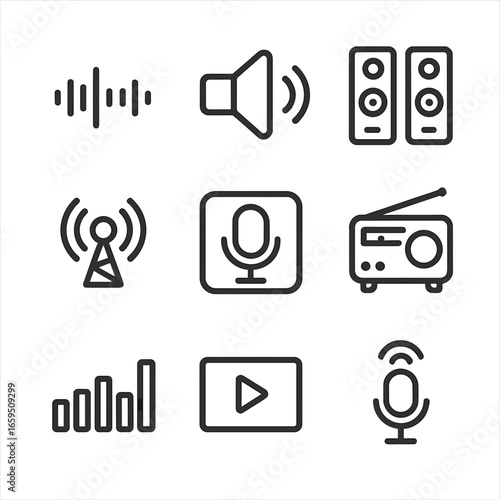 Technology Sound Icon Set. Outline icon set of roar in technology: audio signal, speaker, sound systems, podcast, radio broadcast,
