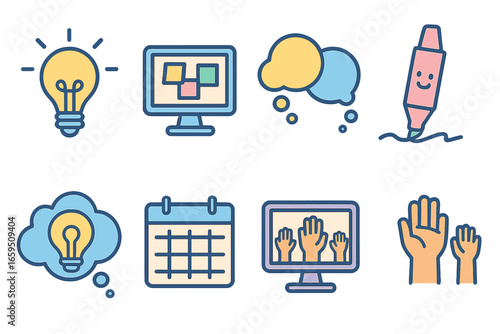 Colorful Brainstorming Session. Flat vector mini-illustrations Virtual brainstorming session in colors