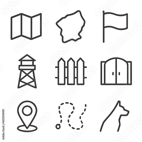 Territory Icon Set. Outline icon set of territory: map, boundary lines, flag, watchtower, fence, gate, territory marker, patrol