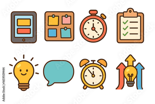 Colorful Brainstorming Tools. Flat vector mini-illustrations Tech startup brainstorming tools in colors