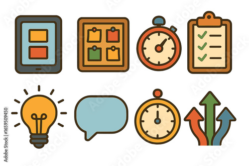 Colorful Brainstorming Tools. Flat vector mini-illustrations Tech startup brainstorming tools in colors
