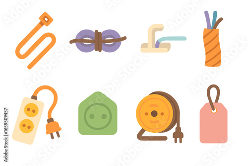 Colorful Cable Management Icons. Flat vector mini-illustrations cable management in colors children's