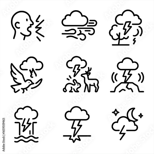 Thunderstorm Icon Set. Outline icon set of thunder in nature: thunderous roar, storm winds, tree shaking, bird flight disruption,