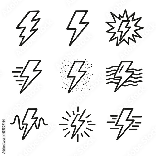 Thunder Icon Set. Outline icon set of thunder in art: dramatic brushstroke, bold design, explosive color, motion lines, visual