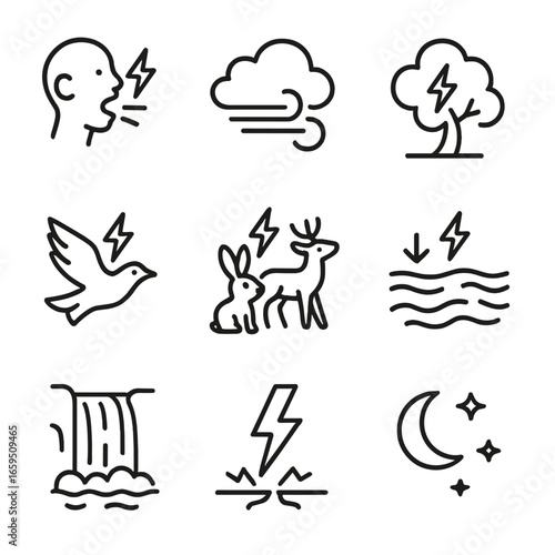 Thunderstorm Icon Set. Outline icon set of thunder in nature: thunderous roar, storm winds, tree shaking, bird flight disruption,