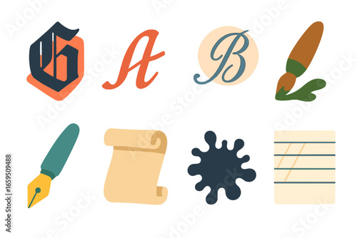 Colorful Calligraphy Icons. Flat vector mini-illustrations Traditional calligraphy styles in colors children's