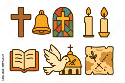 Colorful Church Symbols. Flat vector mini-illustrations church history symbols in colors children's