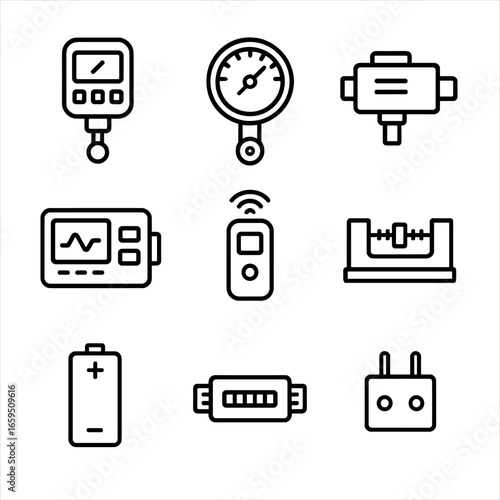 Torque Instrument Icons. Outline icon set of torque instruments: digital torque tester, analog torque gauge, torque transducer,