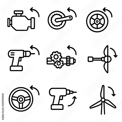 Torque Icon Set. Outline icon set of torque applications: engine torque, bicycle crank, car wheel, drill motor, gear shaft,