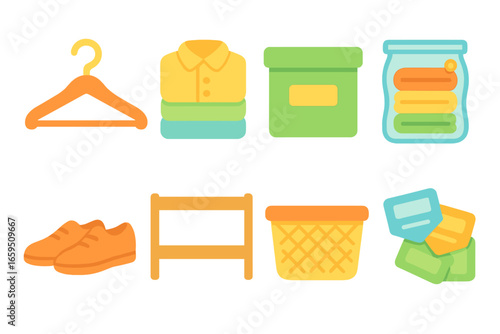 Colorful Closet Icons. Flat vector mini-illustrations organizing closets in colors children's illustrations: