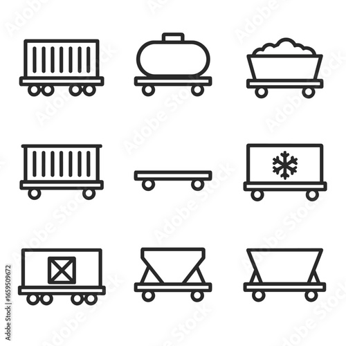 Train Cargo Icons. Outline icon set of train cargo types: container wagon, tanker wagon, coal wagon, livestock wagon, flatbed