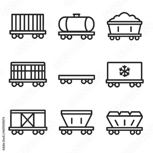 Train Cargo Icons. Outline icon set of train cargo types: container wagon, tanker wagon, coal wagon, livestock wagon, flatbed