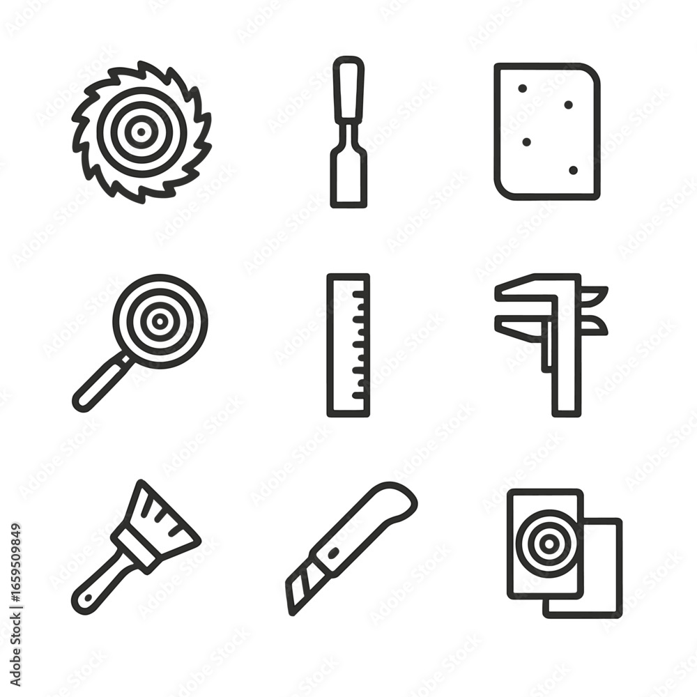 Fototapeta premium Tree Ring Tools Icons. Outline icon set of tree ring tools: saw blade, chisel, sandpaper, magnifying glass, ruler, caliper, brush,