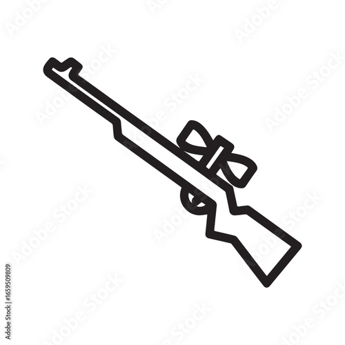Hunting sniper rifle with scope, outline vector icon illustration.
