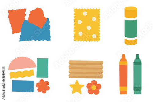 Colorful Collage Icons. Flat vector mini-illustrations Decorative scrap material collages in colors children's