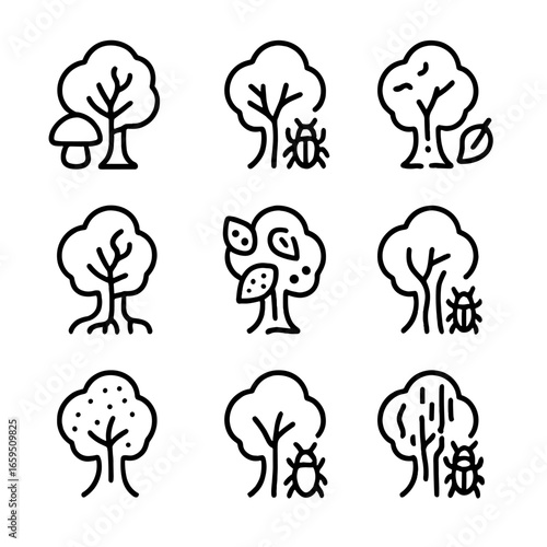 Tree Disease Icons. Outline icon set of tree diseases: fungus, insect damage, blight, root rot, leaf spot, canker, mildew, aphids,