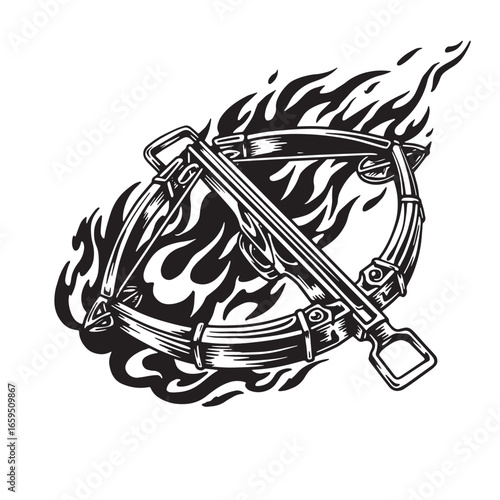 Fiery crossbow with flaming elements depicting dark arts and mystical symbolism