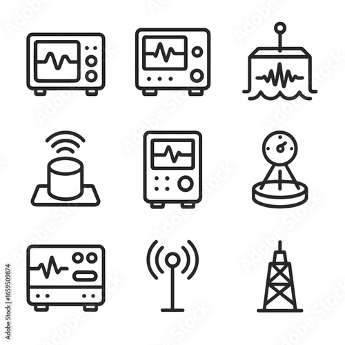 Tremor Analysis Icon Set. Outline icon set of tremor analysis equipment: oscilloscope, spectrometer, seismic station, computer