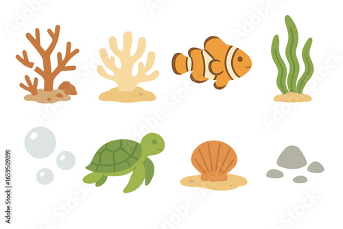 Colorful Coral Reef Icons. Flat vector mini-illustrations damaged coral reef in colors children's