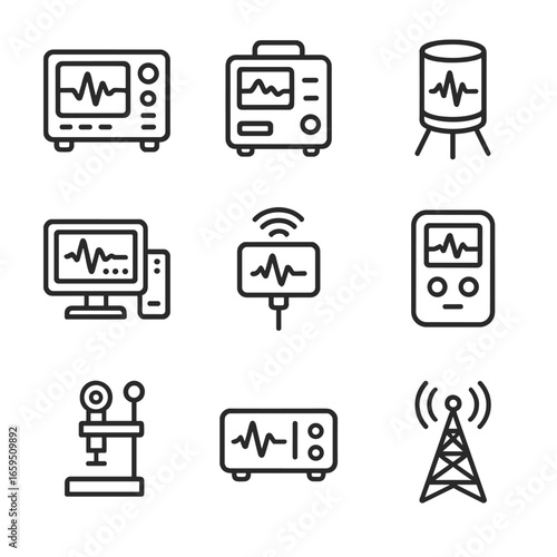 Tremor Analysis Icon Set. Outline icon set of tremor analysis equipment: oscilloscope, spectrometer, seismic station, computer