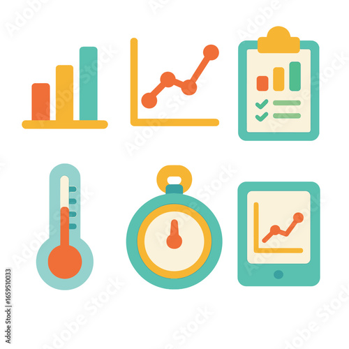 Colorful Data Icons. Flat vector mini-illustrations Scientific data collection in colors children's
