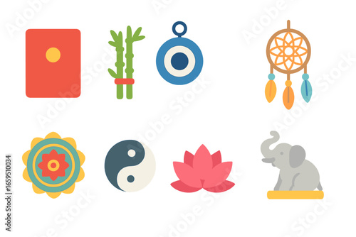 Universal Lucky Symbols. Flat vector mini-illustrations lucky symbols worldwide in colors children's illustrations: red envelope,