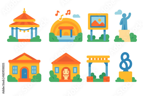 Colorful Cultural Icons. Flat vector mini-illustrations architecture supporting local culture in colors
