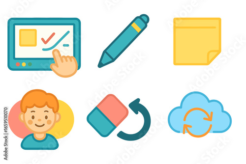 Colorful Digital Whiteboard Icons. Flat vector mini-illustrations Digital whiteboards in colors children's