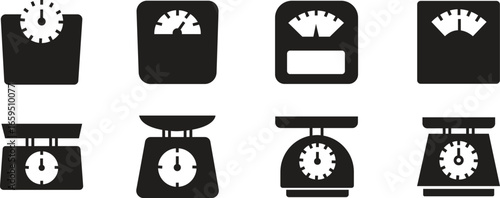 Scale and weight icons set in flat styles. Collection and group of balance, measurement, kilogram, pound, health, fitness, kitchen, laboratory and industrial weighing scale symbols.