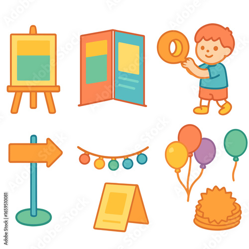 Colorful Display Icons. Flat vector mini-illustrations assembling display materials in colors children's