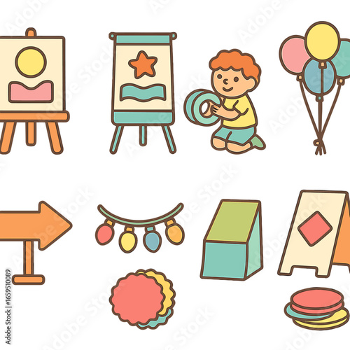 Colorful Display Icons. Flat vector mini-illustrations assembling display materials in colors children's
