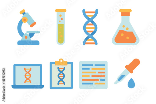 Colorful DNA Lab. Flat vector mini-illustrations lab research on DNA in colors children's illustrations: