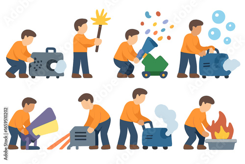 Colorful Effects Preparation. Flat vector mini-illustrations Preparing special effects in colors children's