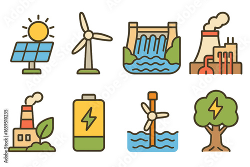 Colorful Energy Sources. Flat vector mini-illustrations of power generation sources in colors children's