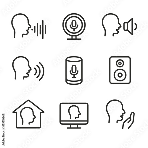 Voice Tech Icon Set. Outline icon set of voice in technology: sound recognition, audio sensor, noise reduction, echo, voice