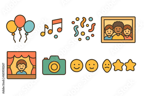 Colorful Event Icons. Flat vector mini-illustrations community event recap in colors children's illustrations: