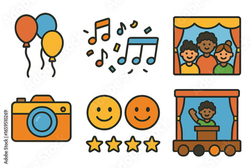 Colorful Event Icons. Flat vector mini-illustrations community event recap in colors children's illustrations:
