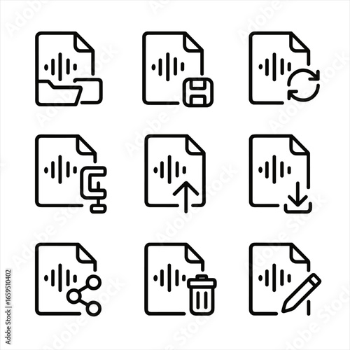 WAV File Icons. Outline icon set of WAV file operations: open file, save file, convert format, compress file, upload audio,