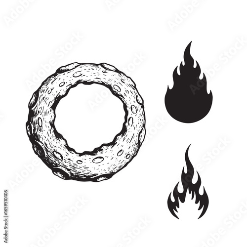 Hand drawn celestial design with a textured ring and fire flames in monochrome art.