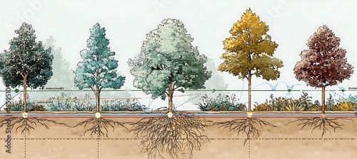 Illustration of diverse tree species with root systems and soil layers for educational purposes