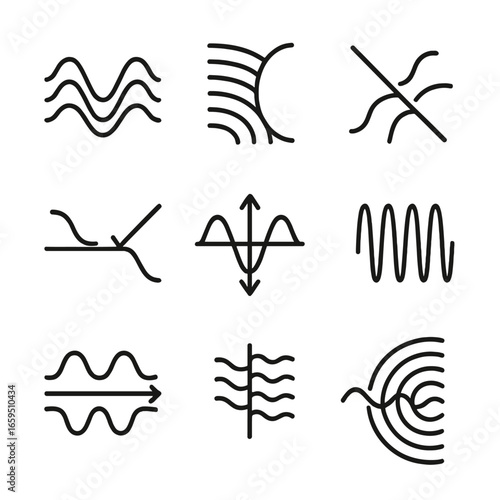 Wave Phenomena Icons. Outline icon set of wave phenomena: interference, diffraction, refraction, reflection, amplitude, frequency,