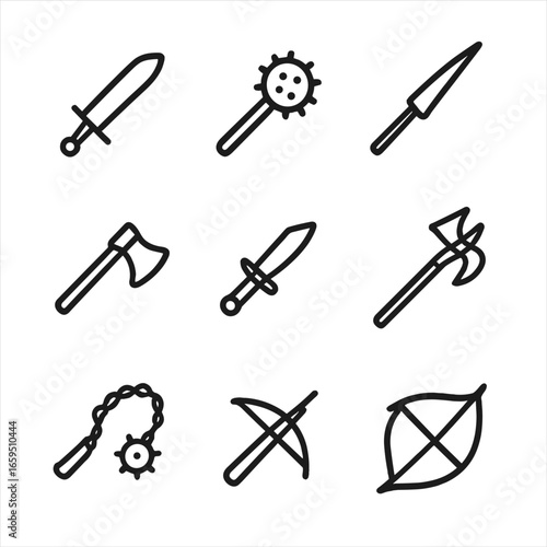 Weapon Icon Grid. Outline icon set of armor weapons: sword, mace, lance, axe, dagger, halberd, flail, crossbow, bow. Line icons in