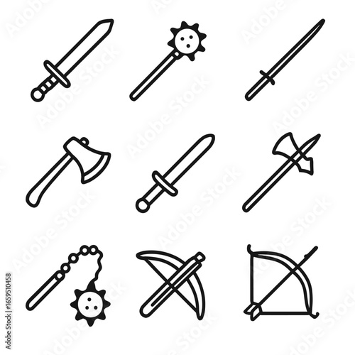 Weapon Icon Grid. Outline icon set of armor weapons: sword, mace, lance, axe, dagger, halberd, flail, crossbow, bow. Line icons in