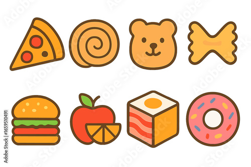 Colorful Food Icons Grid. Flat vector mini-illustrations Food design templates in colors children's