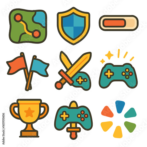 Colorful Gaming Icons. Flat vector mini-illustrations multiplayer battle games in colors children's