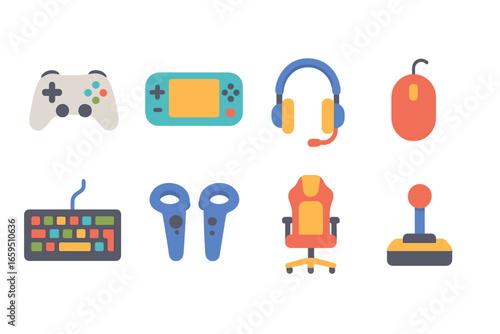 Colorful Gaming Gadgets. Flat vector mini-illustrations gaming gadgets in colors children's illustrations: