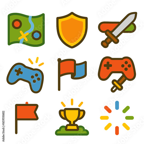 Colorful Gaming Icons. Flat vector mini-illustrations multiplayer battle games in colors children's
