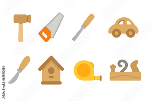 Woodworking Tools Icons. Flat vector mini-illustrations woodworking craftsmanship in colors children's illustrations: wooden