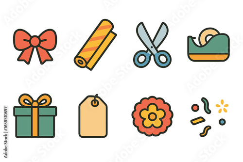 Colorful Gift Wrapping Icons. Flat vector mini-illustrations Gift wrapping styles in colors children's